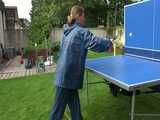 Watch Sandra playing Table Tennis in her oldschool Rainsuit