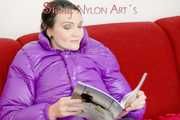 SEXY JILL lounging on the sofa wearing a sexy black shiny nylon rain pants and a purple shiny nylon down jacket (Pics)