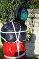 Watch Sandra bound, gagged and pantyhooded in her shiny nylon Rainwear