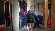 Watching Sonja trying on several down jackets and wearing a sexy shiny down skirt and a down jacket lolling on the bed (Video)