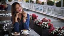 Gorgeous lady Irina having a cookie, coffee and a 120mm cigarette for lunch