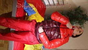 Watching sexy Jill wearing a sexy red shiny nylon rain pants and a red/ purple downjacket lolling in her bed (Pics)