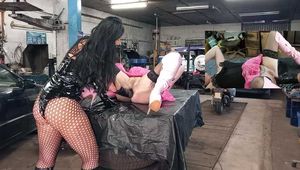 Her asshole fucked deep in the workshop