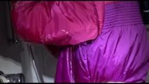 Sonja tied and gagged in and on  a shower wearing a supersexy oldschool pink/purple shiny nylon downwear combination (Video)