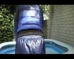 PIA wearing a hot black shiny nylon pants and a blue/black shiny down jacket taking a bath in the swimming pool (Video)