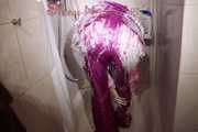 Sexy Sonja wearing a sexy purple downsuit foaming herself with shaving cream (Pics)