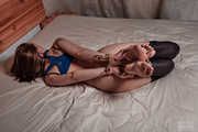 Jute hogtied in blue shirt and pantyhose without panties