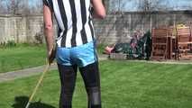 SEXY PIA in the garden with a sexy lightblue shiny nylon shorts over a black leggins and a top (Video)