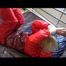 Pia tied and gagged on bed wearing a shiny red rain pants and a shiny red/purple down jacket (Video)