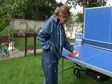 Watch Sandra playing Table Tennis in her oldschool Rainsuit