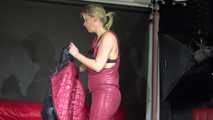 Watching sexy Pia wearing a sexy shiny nylon downwear and rainwear combination during (Video)