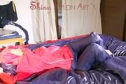 Sonja lolling on bed with a sexy blue rain pants and a red rain jacket enjoying herself and the hood in this material (Pics)