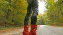 Black gloss leggings and red boots