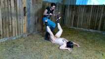 Slave torment of the jeans and rubber boot mistress in the stable
