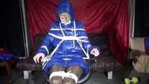 Sexy SONJA wearing a hot downwear combination being tied and gagged with ropes and a clothgag on a hairdressers chair covered with a raincape (Video)
