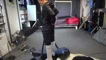 Watch Sandra cleaning the Studio wearing shiny nylon Rainwear and white Rubberboots