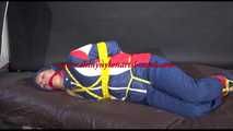 *** HOT HOT HOT*** NEW MODELL*** SANDRA wearing a sexy oldschool skibib tied, gagged and hooded on the sofa with ropes (Video)