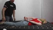 Sarah hogtied with hand and feet cuffs get tickled