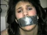 19 Yr OLD LATINA HOUSEWIFE'S SELF TAPE BONDAGE, MOUTH STUFFING, TAPE GAGGING & HANDCUFFING ON THE BED WEARING LINGERIE (D57-6)