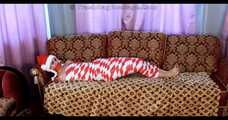 Bekki - Mummified for Christmas in red and white tape (video)