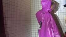 Watching Sandra wearing only a pink shiny nylon raincape under the shower playing with the water (Video)