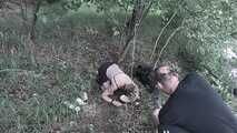 Blonde slave girl disgust challenge, pet training and feeding in the forest