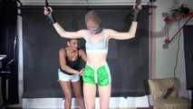 ***RONJA*** being tied and gagged overhead with ropes and a special combination of nylon over head and tape gagg from STELLA both wearing sexy shiny nylon shorts and tops (Video)