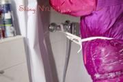 Sonja tied and gagged in an shower cabine wearing a supersexy oldschool pink shiny downwear suit (Pics)