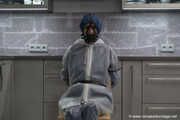 Miss Amira in AGU nylon rain gear and transparent rain suit gets bound and gagged hard