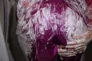 Sexy Sonja wearing a sexy purple downsuit foaming herself with shaving cream (Pics)