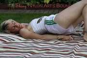 Watching Sonja wearing a hot white shiny nylon shorts and a white top bound herself and gag herself in the garden (Pics)