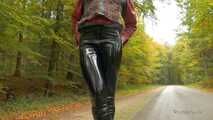 Black gloss leggings and red boots