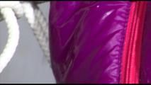 Sonja tied and gagged in and on  a shower wearing a supersexy oldschool pink/purple shiny nylon downwear combination (Video)