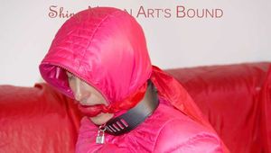 Sonja tied and gagged on a bar wearing a sexy blue shiny nylon rain pants and a pink down jacket (Pics)