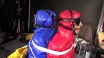 Watching sexy Stella and Sandra being tied and gagged ba Sophie on a stool with ropes and ballgags wearing sexy shiny nylon rainwear and downwear (Video)