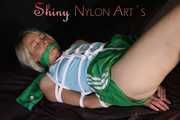 PART TWO - SEXY SONJA being tied and gagged with ropes and a clothgag wearing a sexy green shiny nylon shorts and a blue shirt (Pics)