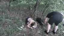 Blonde slave girl disgust challenge, pet training and feeding in the forest