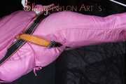 Sexy SANDRA wearing a hot pink oldschool downbib and a down jacket being tied and gagged with ropes and a clothgag hanging on the ceiling  Part 1 of 2 (Pics)