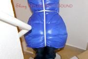 Jill tied, gagged and hooded in a stairway with cuffs wearing a sexy blue PAMY jacket and a rain pants (Pics)
