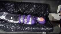 SANDRA tied and gagged with tape on a sofa wearing a sexy black shiny nylon pants and a purple rain jacket (Video)