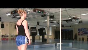 Katharina and Jenny during their pole training in the fitness studio wearing sexy shiny nylon shorts and tops (Video)