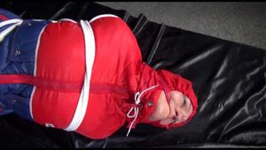 ***SANDRA*** tied and gagged with ropes on the floor wearing a supersexy oldschool down suit (Video)