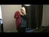 Blonde archive girl put bedding on wearing sexy shiny nylon rainwear (Video)