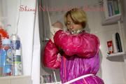 Sonja tied and gagged in an shower cabine wearing a supersexy oldschool pink shiny downwear suit (Pics)