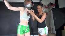 ***RONJA*** being tied and gagged overhead with ropes and a special combination of nylon over head and tape gagg from STELLA both wearing sexy shiny nylon shorts and tops (Video)