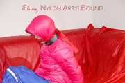 Sonja tied and gagged on a bar wearing a sexy blue shiny nylon rain pants and a pink down jacket (Pics)