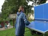 Watch Sandra playing Table Tennis in her oldschool Rainsuit