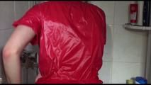 Sonja tied and gagged in a shower cabine with cuffs wearing a supersexy red shiny nylon jumpsuit (Video)