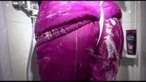 Sonja tied and gagged in and on  a shower wearing a supersexy oldschool pink/purple shiny nylon downwear combination (Video)