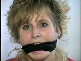 SEXY KIM IS MOUTH STUFFED, CLEAVE GAGGED, CHAIR TIED, BLINDFOLDED & BARE FEET TIED & TICKLED (D41-1)